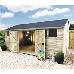 19 X 13 Reverse Premier Pressure Treated T&g Apex Shed / Workshop With Higher Eaves & Ridge Height 6 Windows & Double Doors (12mm T&g Walls, Floor & Roof) + Safety Toughened Glass + Super Strength Fra