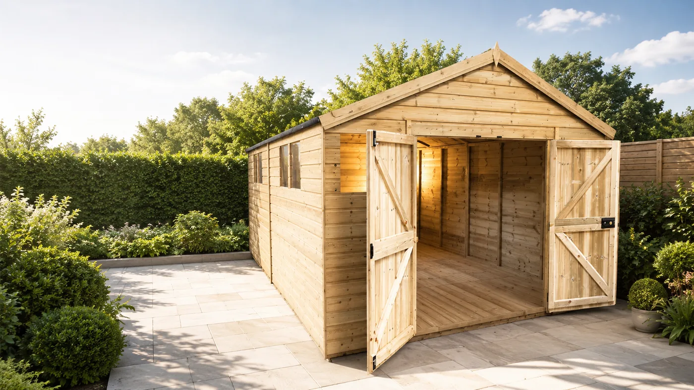 Timber garden workshop with double doors open