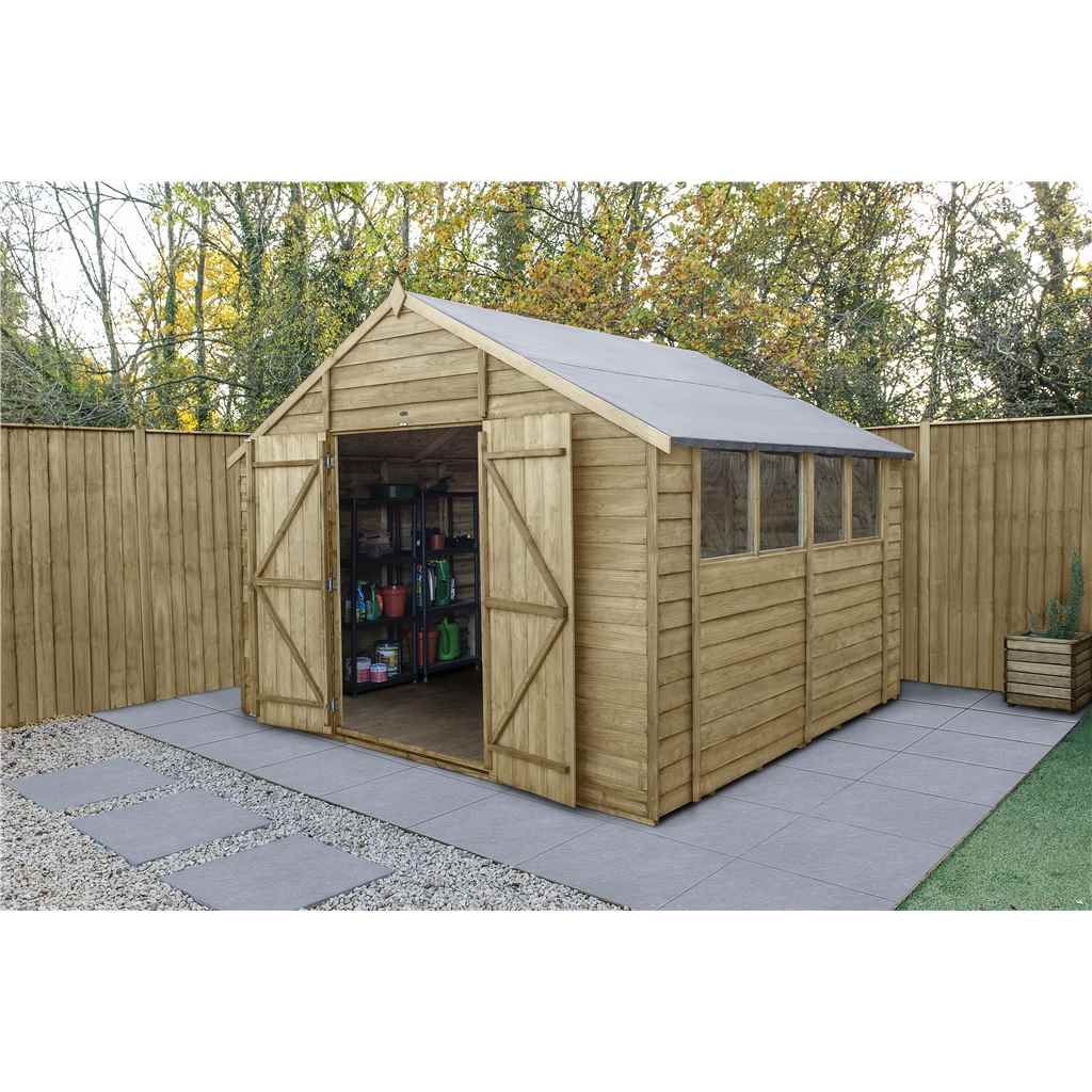 10x12 storage shed with stained pine board and batten