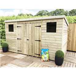 12 X 7 Large Pressure Treated Tongue And Groove Pent Shed With 2 Windows + Double Doors (centre) + Safety Toughened Glass