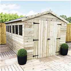 12 X 8 Premier Pressure Treated Tongue And Groove Apex Shed With Higher Eaves And Ridge Height 6 Windows + Double Doors + Safety Toughened Glass  - 12mm Tongue And Groove Walls, Floor And Roof