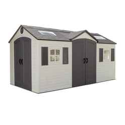 15 x 8 Life Plus Double Entrance Plastic Apex Shed With Plastic Floor + 2 Windows (4.57m x 2.43m)