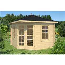 INSTALLED 3m x 3m Budget Apex Log Cabin - Corner (227) - Single Glazing (28mm Wall Thickness)