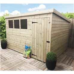 Bespoke 11 X 9 Pressure Treated Tongue And Groove Pent Shed With 3 Windows And Single Door + Safety Toughened Glass