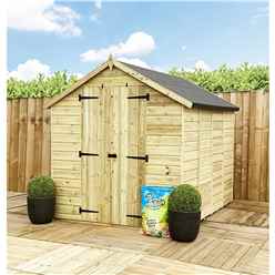 7 X 4  Windowless Pressure Treated Tongue & Groove Apex Shed + Double Doors + Low Eaves