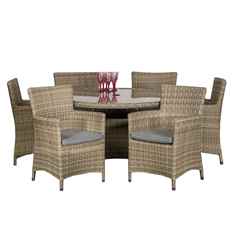 6 Seater Garden Furniture Set - 7 Piece - Deluxe Rattan Round Carver Dining Set - 140cm Table With 6 Carver Chairs Including Cushions - Free Next Working Day Delivery (Mon-Fri)